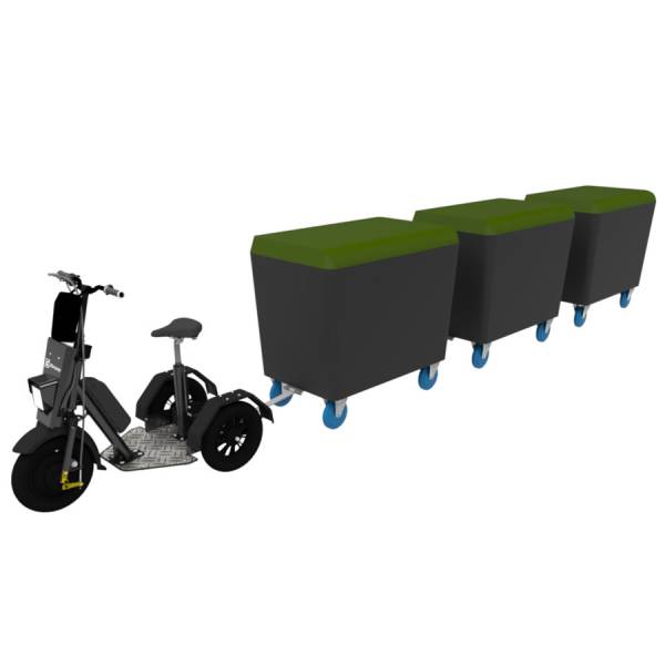 Capacité de tractage U1/U2 : train de conteneurs poubelles – vélo utilitaire pour collecte des déchets en copropriété et rampes de parking à Toulouse.